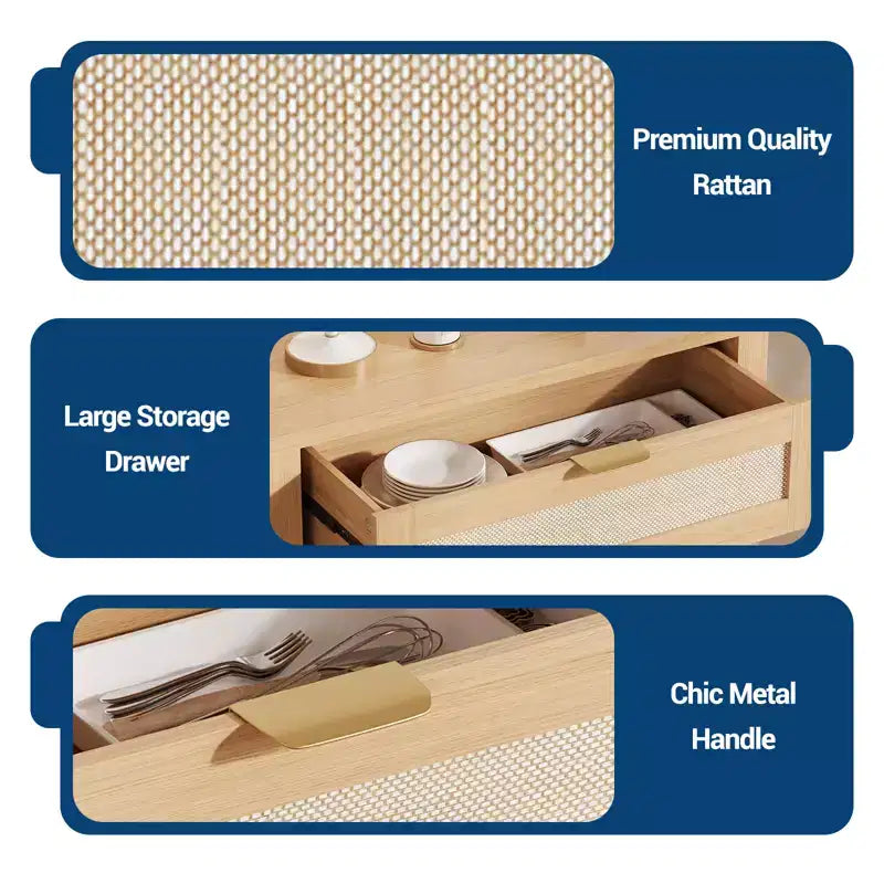 Credenza a buffet con contenitore, mobile in rattan con cassetto e anta decorata con ripiani regolabili, tavolo console da bar per soggiorno cucina