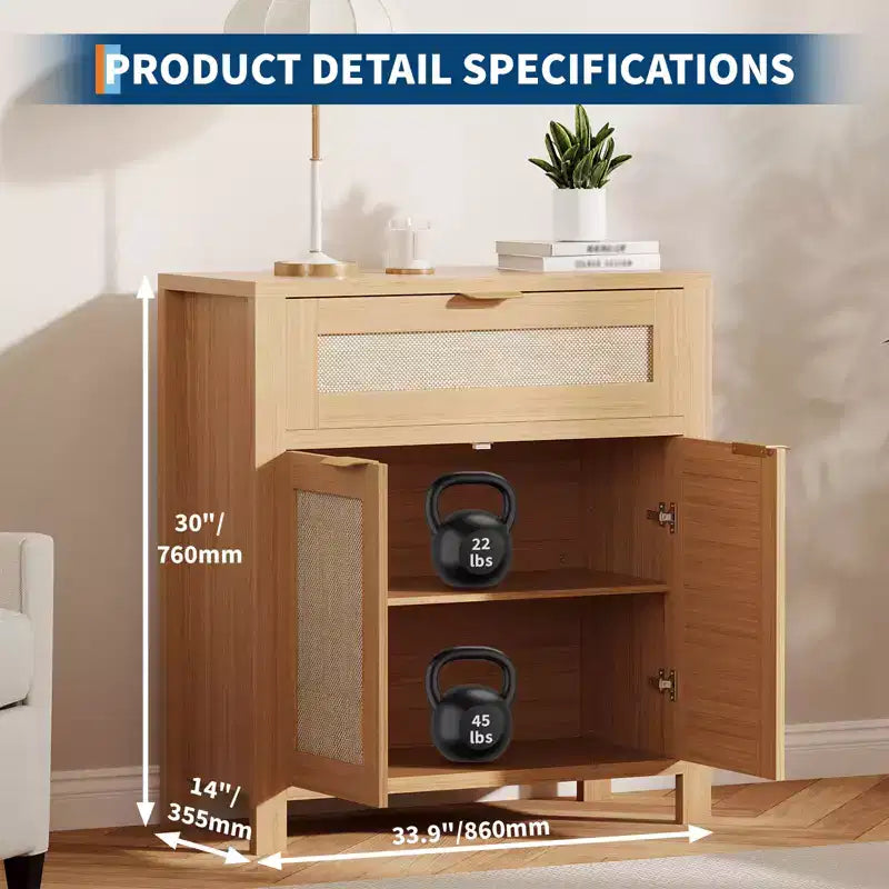 Credenza a buffet con contenitore, mobile in rattan con cassetto e anta decorata con ripiani regolabili, tavolo console da bar per soggiorno cucina