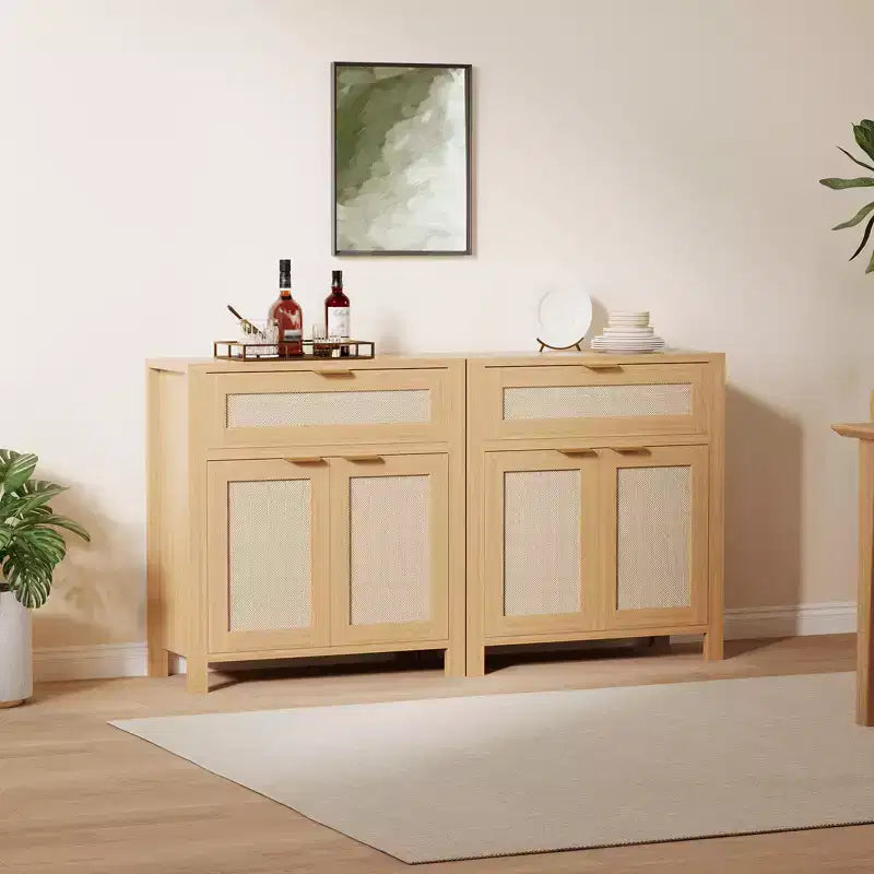 Credenza a buffet con contenitore, mobile in rattan con cassetto e anta decorata con ripiani regolabili, tavolo console da bar per soggiorno cucina