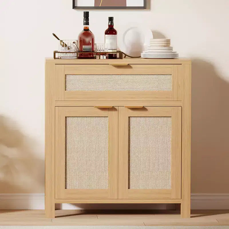 Credenza a buffet con contenitore, mobile in rattan con cassetto e anta decorata con ripiani regolabili, tavolo console da bar per soggiorno cucina