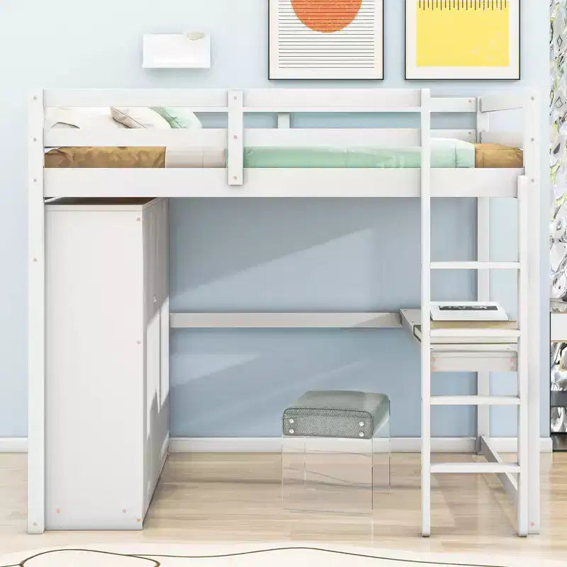 Letto a soppalco a grandezza naturale con armadio e scrivania, struttura letto a soppalco in legno con ripiani e cassetti per bambini, ragazzi e adulti
