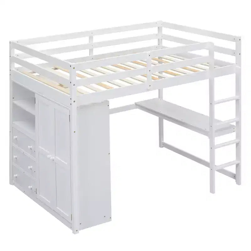 Letto a soppalco a grandezza naturale con armadio e scrivania, struttura letto a soppalco in legno con ripiani e cassetti per bambini, ragazzi e adulti