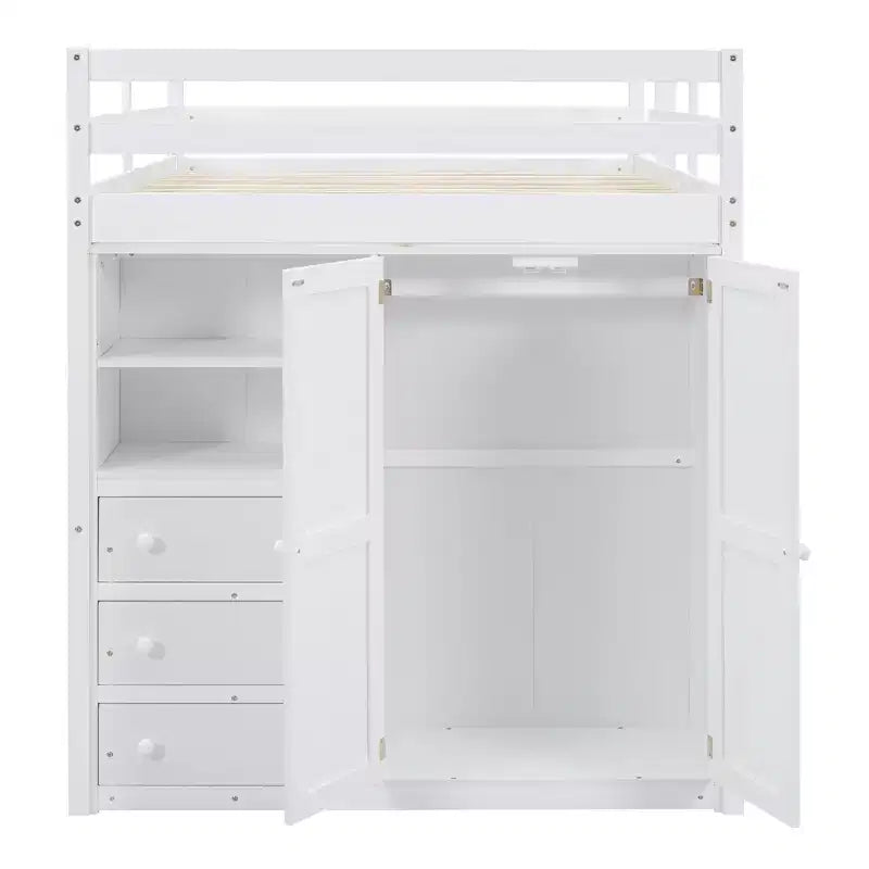 Letto a soppalco a grandezza naturale con armadio e scrivania, struttura letto a soppalco in legno con ripiani e cassetti per bambini, ragazzi e adulti