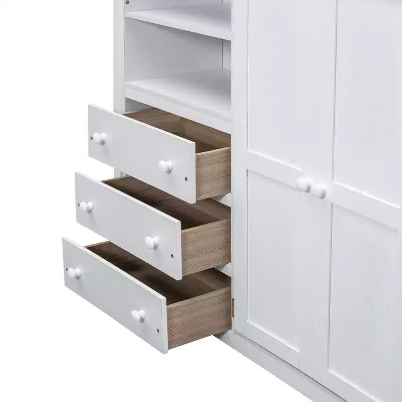 Letto a soppalco a grandezza naturale con armadio e scrivania, struttura letto a soppalco in legno con ripiani e cassetti per bambini, ragazzi e adulti