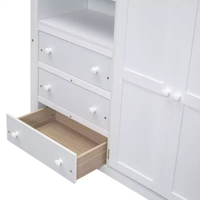 Letto a soppalco a grandezza naturale con armadio e scrivania, struttura letto a soppalco in legno con ripiani e cassetti per bambini, ragazzi e adulti