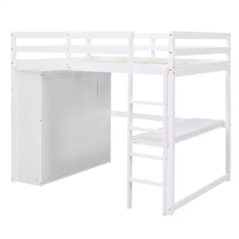 Letto a soppalco a grandezza naturale con armadio e scrivania, struttura letto a soppalco in legno con ripiani e cassetti per bambini, ragazzi e adulti