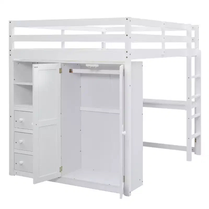 Letto a soppalco a grandezza naturale con armadio e scrivania, struttura letto a soppalco in legno con ripiani e cassetti per bambini, ragazzi e adulti