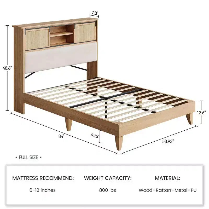 Coolmee Letto matrimoniale/queen in rattan con mensole, letto a piattaforma bohémien con testiera a mensola e anta scorrevole, base in legno massello con doghe silenziose