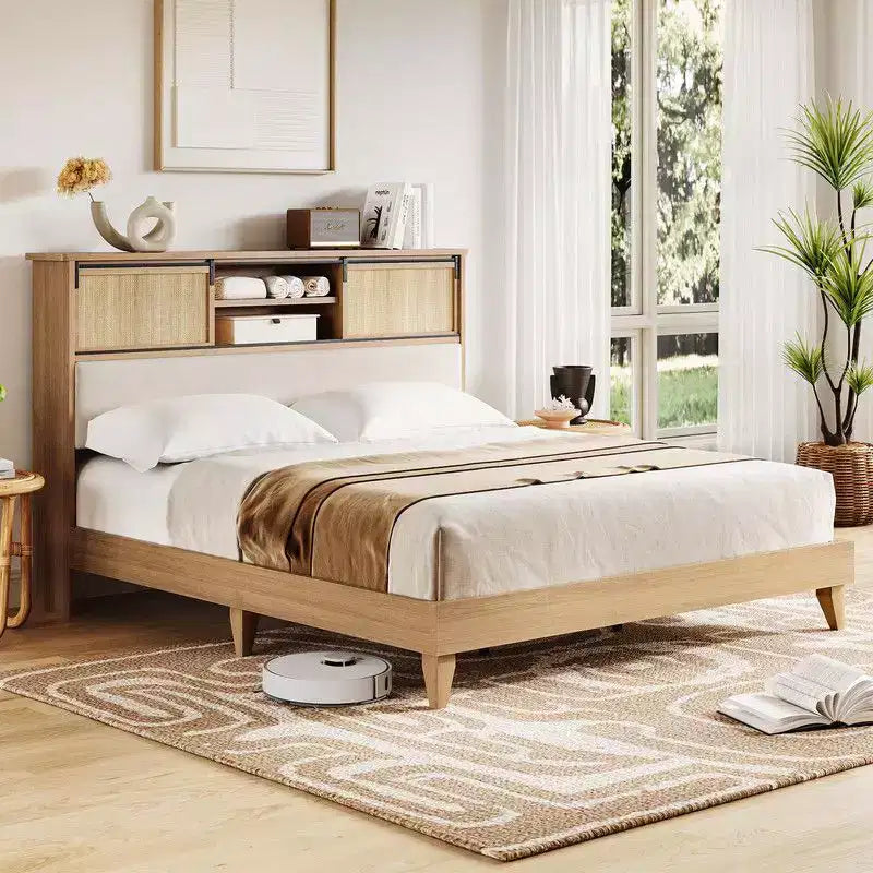 Coolmee Letto matrimoniale/queen in rattan con mensole, letto a piattaforma bohémien con testiera a mensola e anta scorrevole, base in legno massello con doghe silenziose