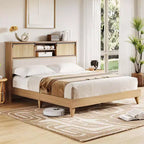 Coolmee Letto matrimoniale/queen in rattan con mensole, letto a piattaforma bohémien con testiera a mensola e anta scorrevole, base in legno massello con doghe silenziose