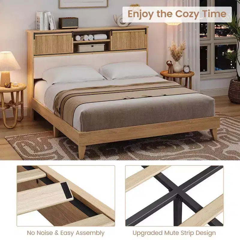 Coolmee Letto matrimoniale/queen in rattan con mensole, letto a piattaforma bohémien con testiera a mensola e anta scorrevole, base in legno massello con doghe silenziose