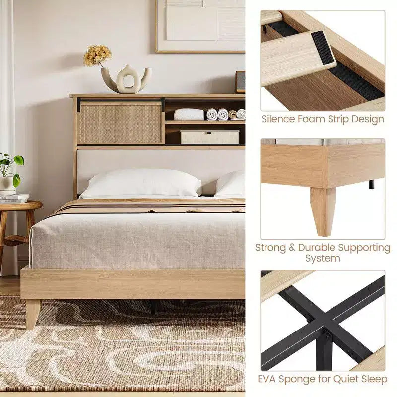 Coolmee Letto matrimoniale/queen in rattan con mensole, letto a piattaforma bohémien con testiera a mensola e anta scorrevole, base in legno massello con doghe silenziose