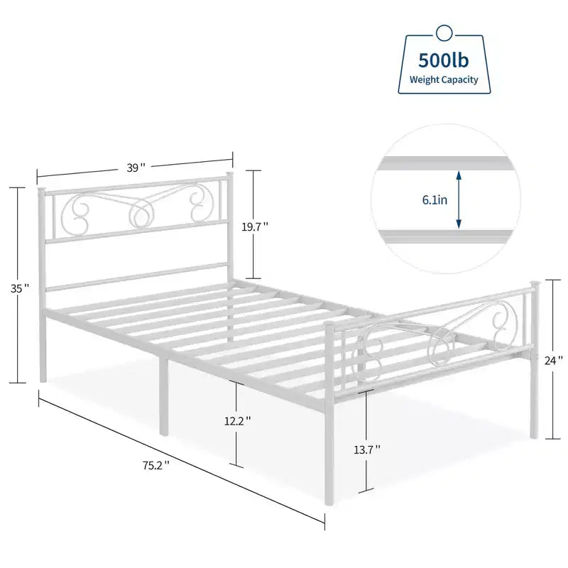 Struttura letto in metallo per letto singolo, Strutture letto con testiera, Struttura letto a piattaforma in metallo con pediera, Supporto a doghe in acciaio, Facile montaggio