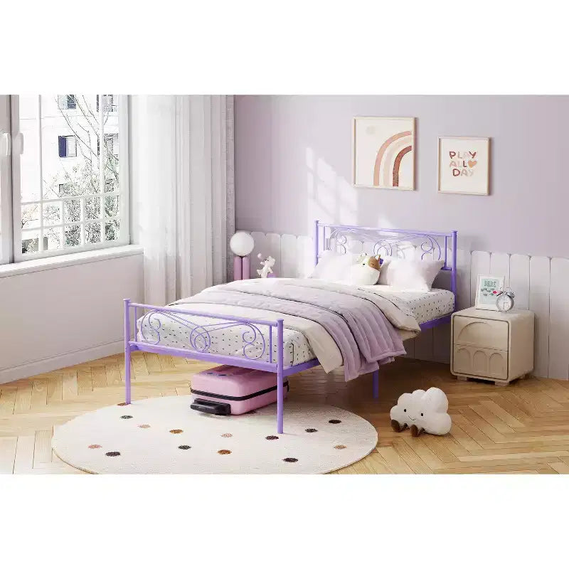 Struttura letto in metallo per letto singolo, Strutture letto con testiera, Struttura letto a piattaforma in metallo con pediera, Supporto a doghe in acciaio, Facile montaggio