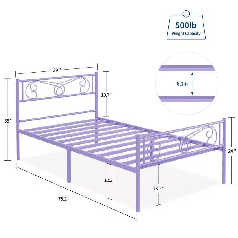 Struttura letto in metallo per letto singolo, Strutture letto con testiera, Struttura letto a piattaforma in metallo con pediera, Supporto a doghe in acciaio, Facile montaggio