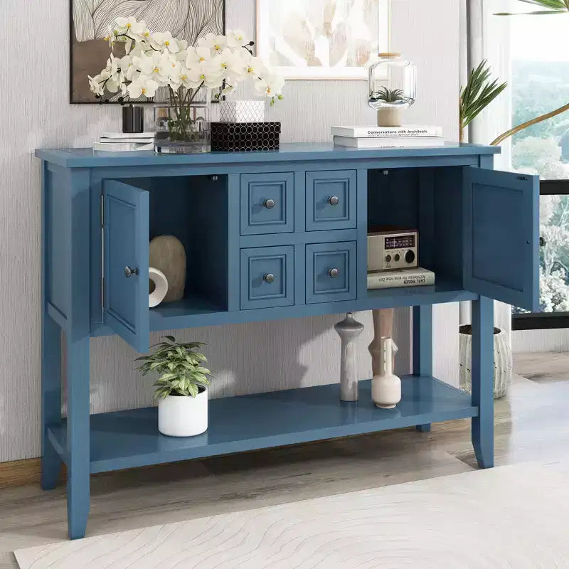 GDFStudio Hannah Vintage 46 Tavolino Consolle in Legno Massello con Armadietti e Ripiano Inferiore