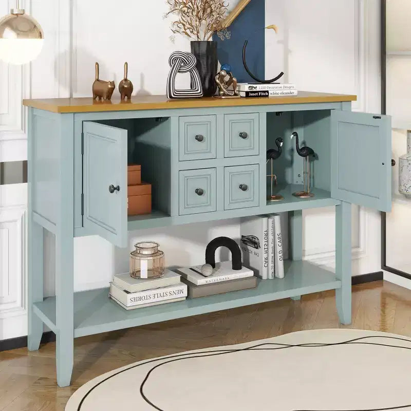 GDFStudio Hannah Vintage 46 Tavolino Consolle in Legno Massello con Armadietti e Ripiano Inferiore