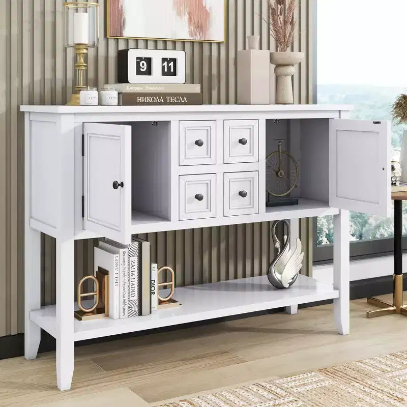 GDFStudio Hannah Vintage 46 Tavolino Consolle in Legno Massello con Armadietti e Ripiano Inferiore