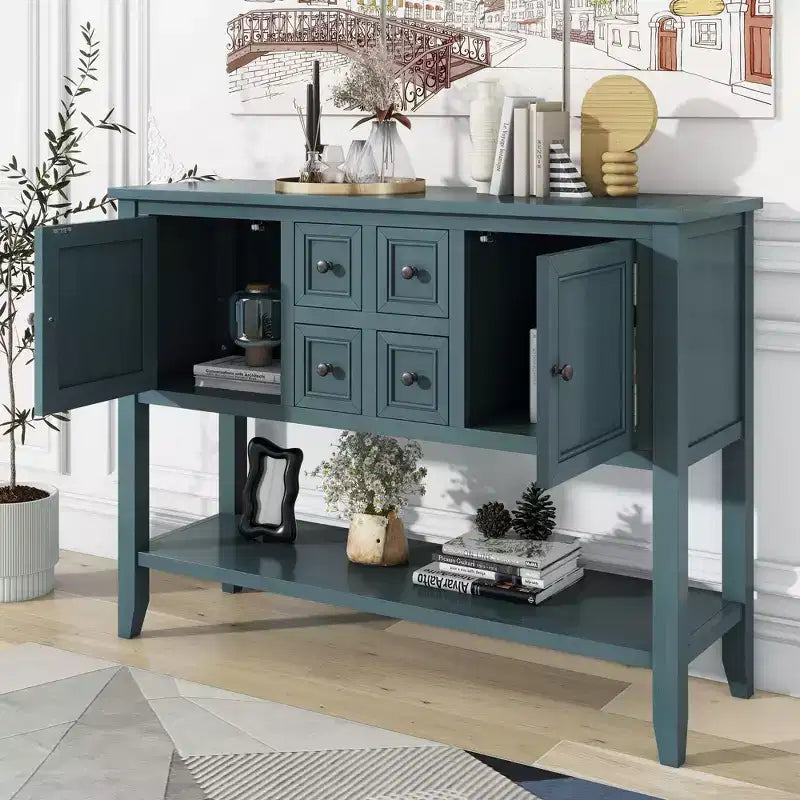 GDFStudio Hannah Vintage 46 Tavolino Consolle in Legno Massello con Armadietti e Ripiano Inferiore