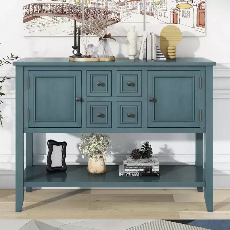 GDFStudio Hannah Vintage 46 Tavolino Consolle in Legno Massello con Armadietti e Ripiano Inferiore