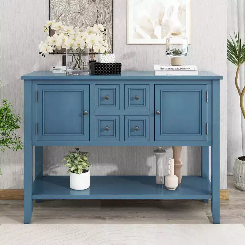 GDFStudio Hannah Vintage 46 Tavolino Consolle in Legno Massello con Armadietti e Ripiano Inferiore