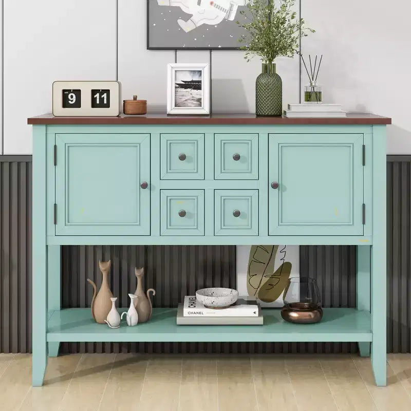 GDFStudio Hannah Vintage 46 Tavolino Consolle in Legno Massello con Armadietti e Ripiano Inferiore