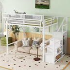 Letto a soppalco full size in metallo bianco con scale, ripiani portaoggetti e armadio, per bambini e ragazzi