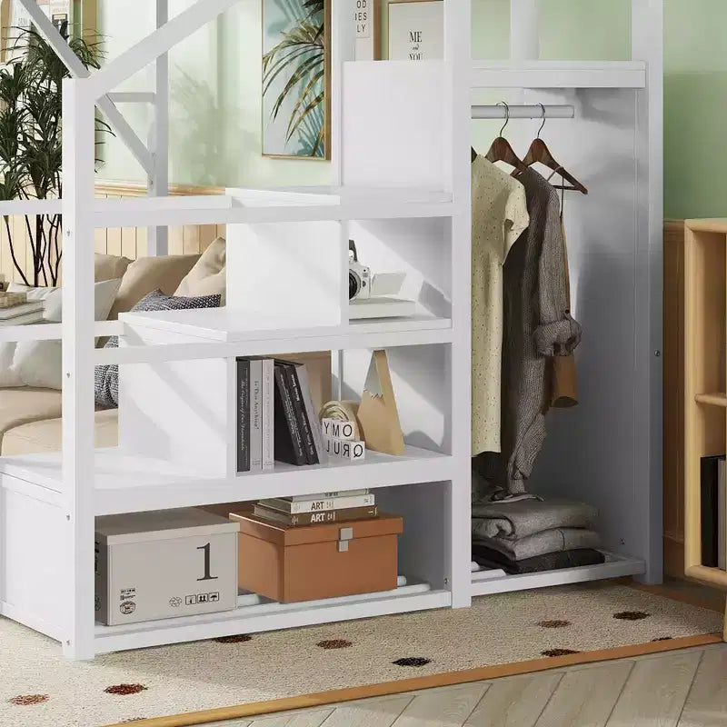 Letto a soppalco full size in metallo bianco con scale, ripiani portaoggetti e armadio, per bambini e ragazzi