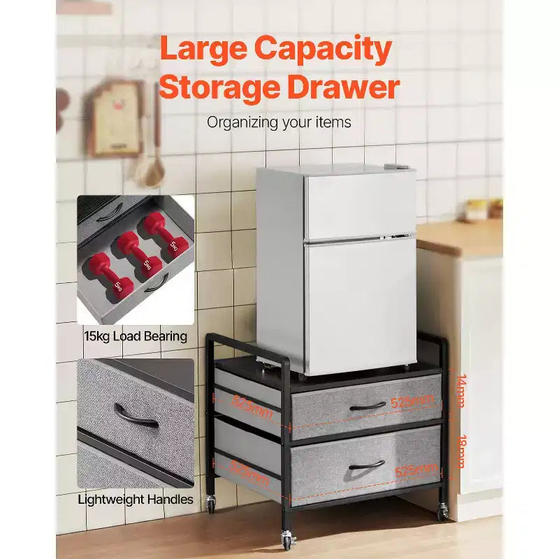 Supporto per Mini Frigo VEVOR con Ripiano, Tavolino per Mini Frigo con Capacità di 80 kg con 2 Cassetti e 4 Ruote Girevoli, Mensola Mobile per Mini Frigo, Grigio