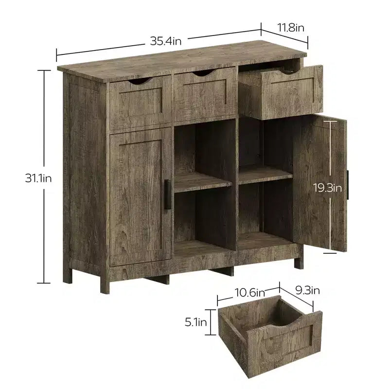 Okak Mobiletto Versatile da Bagno, Camera da Letto e Soggiorno, Armadietto a Terra con 3 Cassetti, 2 Scomparti e 3 Ante, Mobiletto d'Accento
