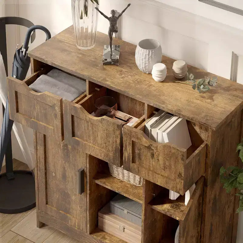 Okak Mobiletto Versatile da Bagno, Camera da Letto e Soggiorno, Armadietto a Terra con 3 Cassetti, 2 Scomparti e 3 Ante, Mobiletto d'Accento