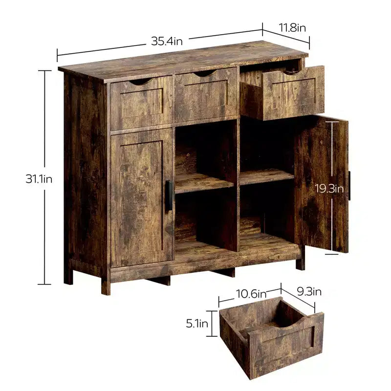 Okak Mobiletto Versatile da Bagno, Camera da Letto e Soggiorno, Armadietto a Terra con 3 Cassetti, 2 Scomparti e 3 Ante, Mobiletto d'Accento