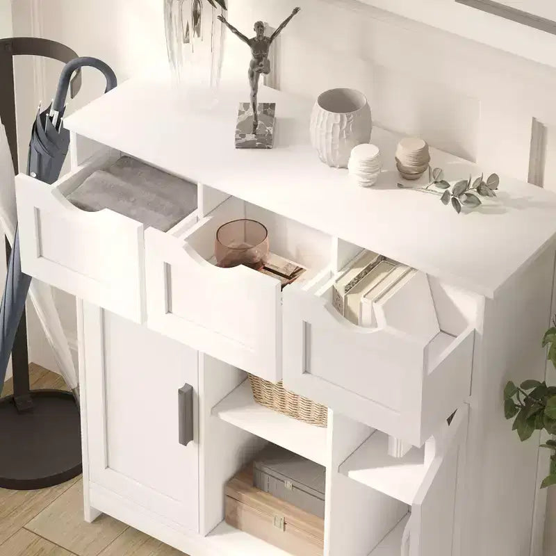Okak Mobiletto Versatile da Bagno, Camera da Letto e Soggiorno, Armadietto a Terra con 3 Cassetti, 2 Scomparti e 3 Ante, Mobiletto d'Accento