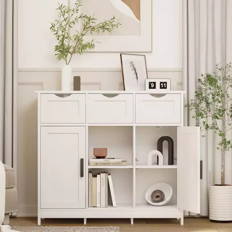 Okak Mobiletto Versatile da Bagno, Camera da Letto e Soggiorno, Armadietto a Terra con 3 Cassetti, 2 Scomparti e 3 Ante, Mobiletto d'Accento