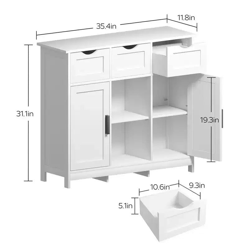 Okak Mobiletto Versatile da Bagno, Camera da Letto e Soggiorno, Armadietto a Terra con 3 Cassetti, 2 Scomparti e 3 Ante, Mobiletto d'Accento