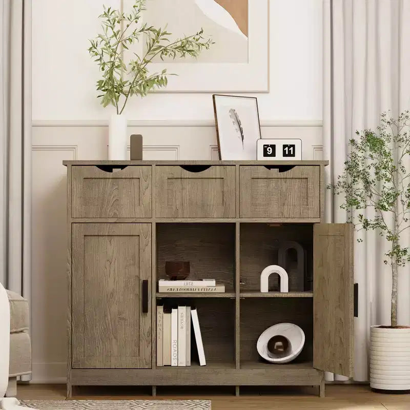Okak Mobiletto Versatile da Bagno, Camera da Letto e Soggiorno, Armadietto a Terra con 3 Cassetti, 2 Scomparti e 3 Ante, Mobiletto d'Accento