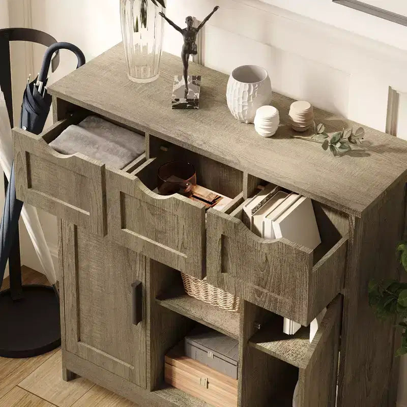 Okak Mobiletto Versatile da Bagno, Camera da Letto e Soggiorno, Armadietto a Terra con 3 Cassetti, 2 Scomparti e 3 Ante, Mobiletto d'Accento