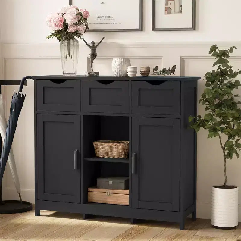 Okak Mobiletto Versatile da Bagno, Camera da Letto e Soggiorno, Armadietto a Terra con 3 Cassetti, 2 Scomparti e 3 Ante, Mobiletto d'Accento