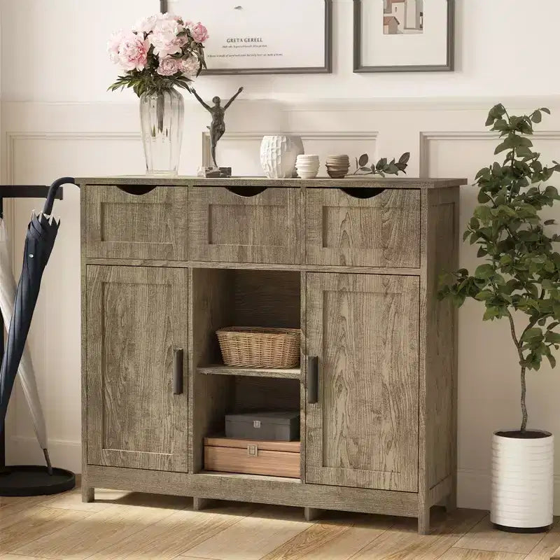 Okak Mobiletto Versatile da Bagno, Camera da Letto e Soggiorno, Armadietto a Terra con 3 Cassetti, 2 Scomparti e 3 Ante, Mobiletto d'Accento