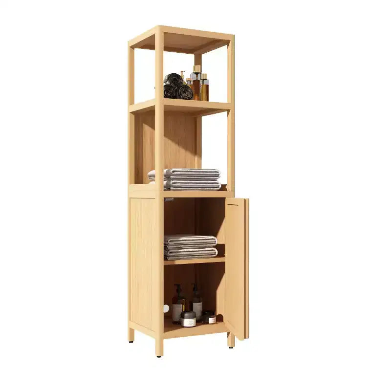 Mobiletto bagno Okak in bambù, mobiletto multifunzionale indipendente con 2 ripiani e 1 anta, organizer per bagno e cucina