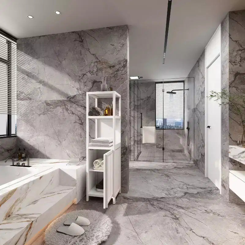 Mobiletto bagno Okak in bambù, mobiletto multifunzionale indipendente con 2 ripiani e 1 anta, organizer per bagno e cucina
