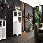 Mobiletto bagno Okak in bambù, mobiletto multifunzionale indipendente con 2 ripiani e 1 anta, organizer per bagno e cucina