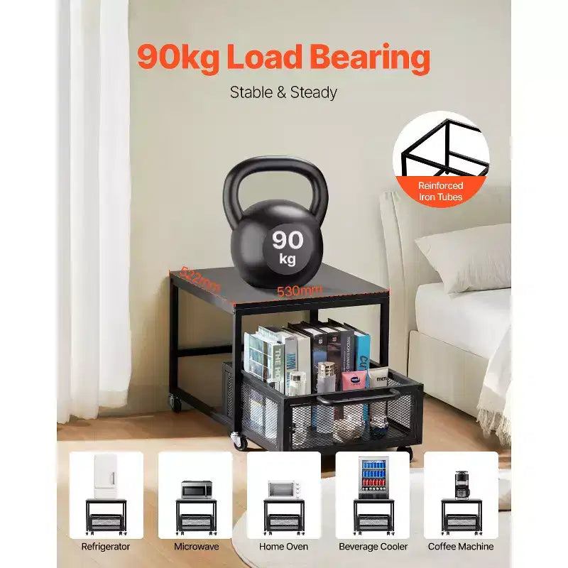 VEVOR Supporto per Mini Frigo con Ripiano, Tavolino per Mini Frigo da 90 kg con Carrello Rimovibile e Ruote Girevoli, Supporto per Frigorifero per Bevande, Nero