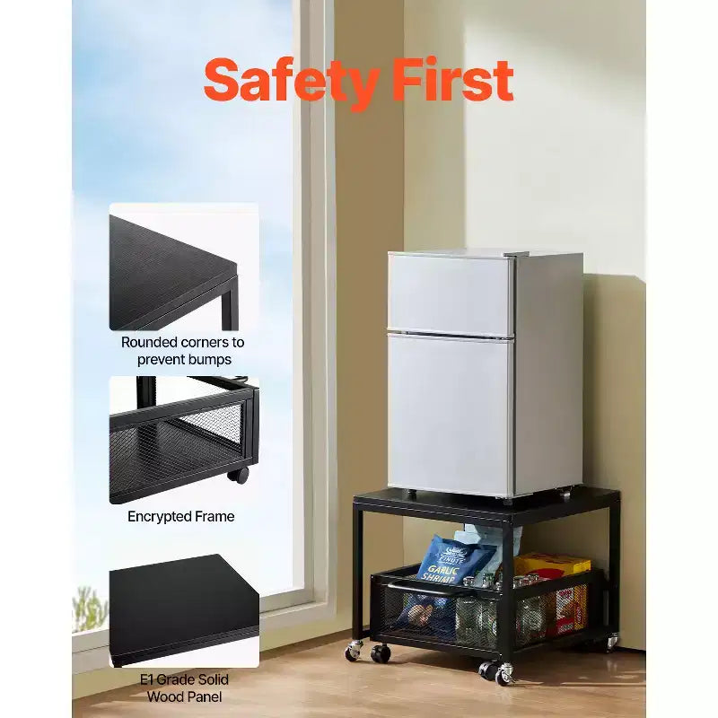 VEVOR Supporto per Mini Frigo con Ripiano, Tavolino per Mini Frigo da 90 kg con Carrello Rimovibile e Ruote Girevoli, Supporto per Frigorifero per Bevande, Nero