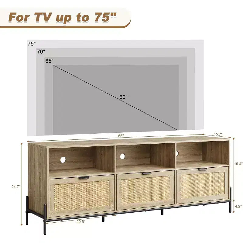 Mobile Porta TV per 75 pollici, Mobile TV Moderno con 3 Cassetti, Consolle TV con Gambe in Metallo Resistente, Mobile Porta TV in Rattan per Soggiorno, Camera da Letto