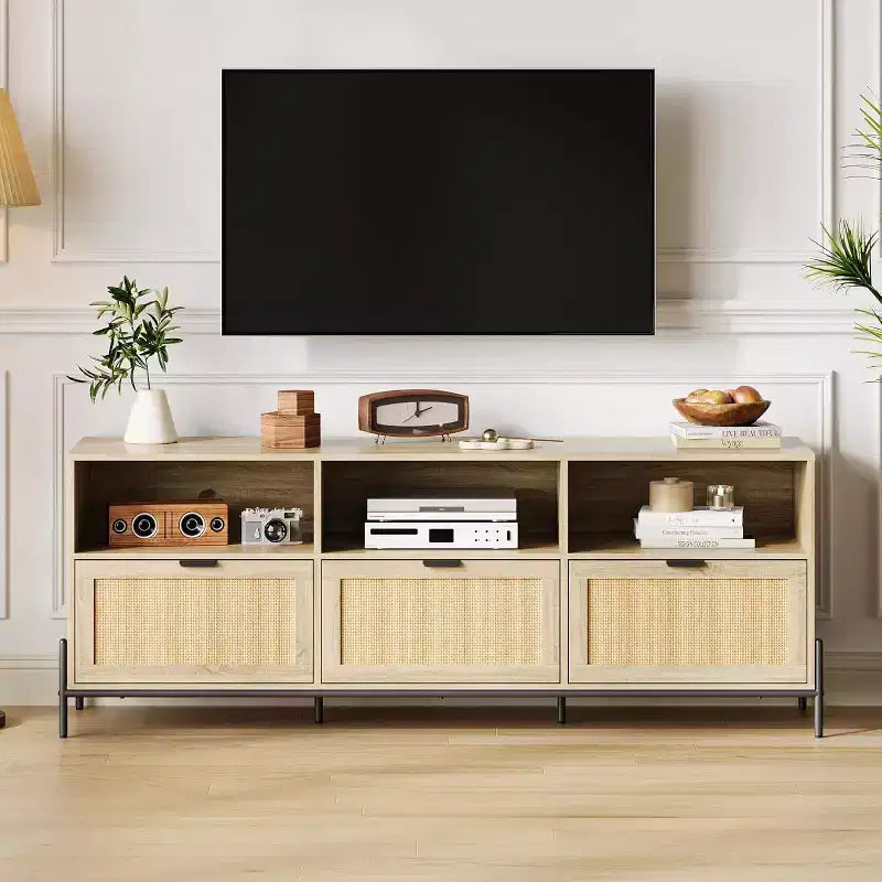 Mobile Porta TV per 75 pollici, Mobile TV Moderno con 3 Cassetti, Consolle TV con Gambe in Metallo Resistente, Mobile Porta TV in Rattan per Soggiorno, Camera da Letto