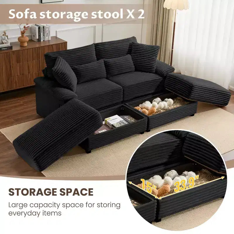 Set Whisen di divani chaise longue doppi con pouf reversibile e contenitore