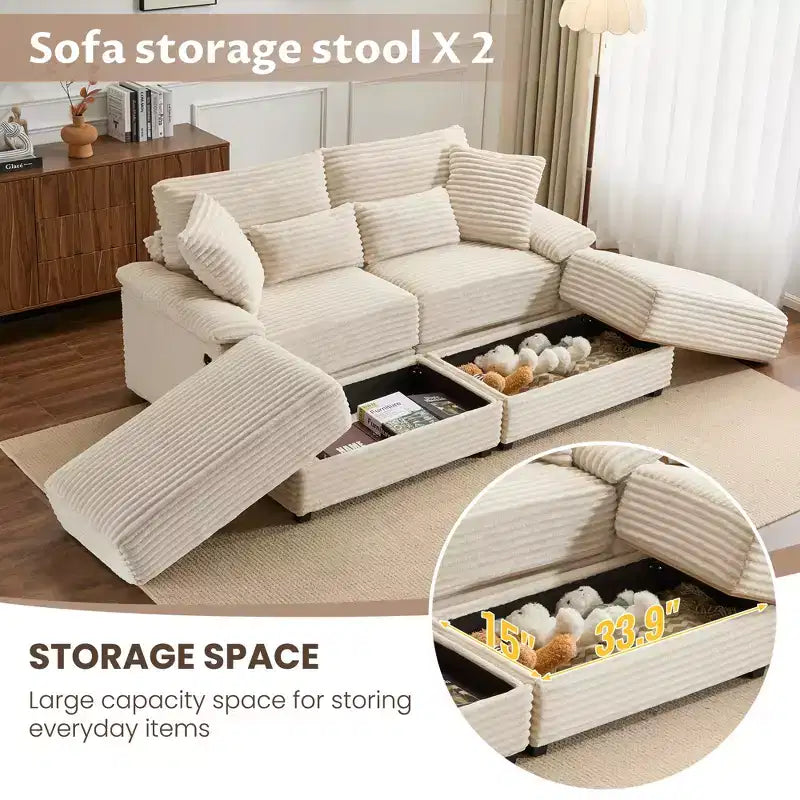 Set Whisen di divani chaise longue doppi con pouf reversibile e contenitore