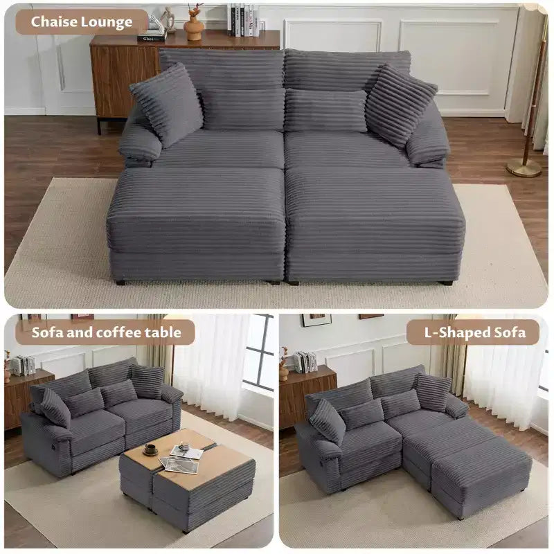 Set Whisen di divani chaise longue doppi con pouf reversibile e contenitore