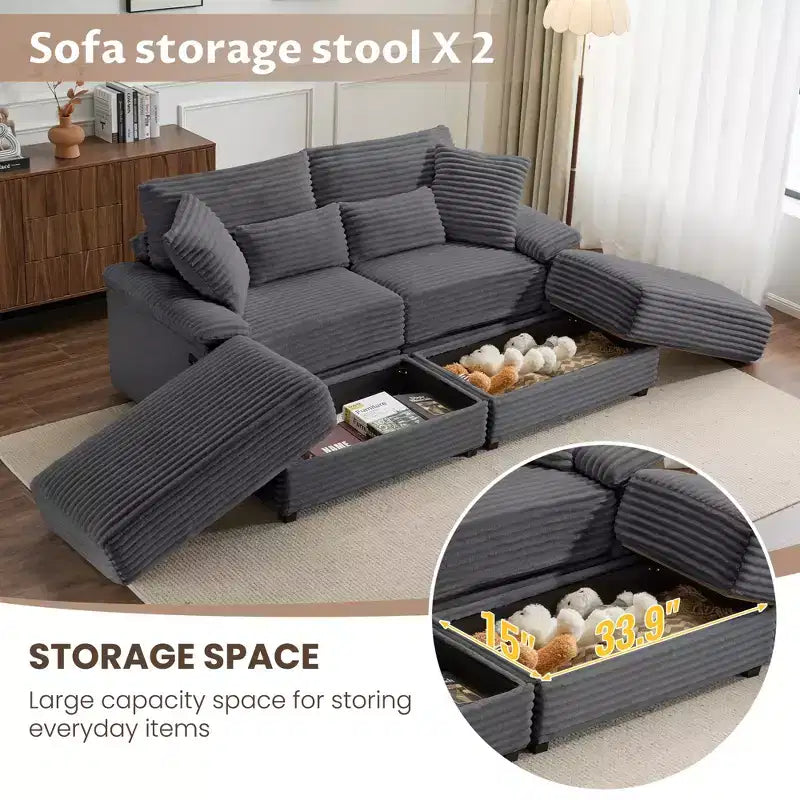 Set Whisen di divani chaise longue doppi con pouf reversibile e contenitore